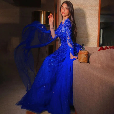 Blue Arabic Cape Sleeves Beaded Luxury Dubai Evening Dresses Gowns Formal Gowns 2025 For Women Wedding Party LA70454