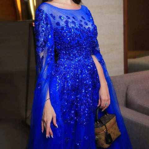 Blue Arabic Cape Sleeves Beaded Luxury Dubai Evening Dresses Gowns Formal Gowns 2025 For Women Wedding Party LA70454