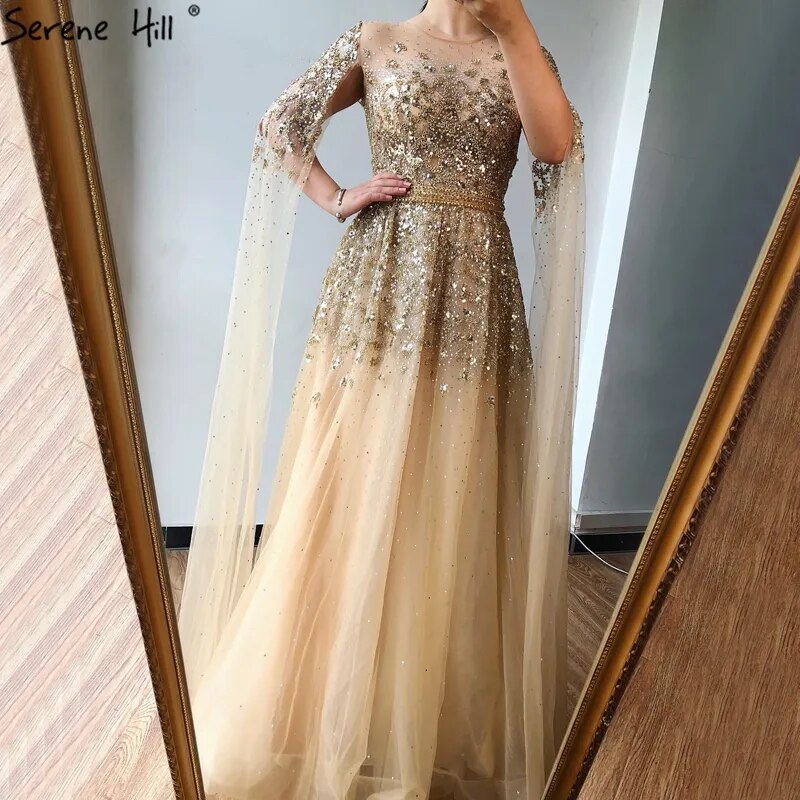 Blue Arabic Cape Sleeves Beaded Luxury Dubai Evening Dresses Gowns Formal Gowns 2025 For Women Wedding Party LA70454