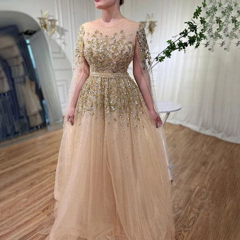 Blue Arabic Cape Sleeves Beaded Luxury Dubai Evening Dresses Gowns Formal Gowns 2025 For Women Wedding Party LA70454