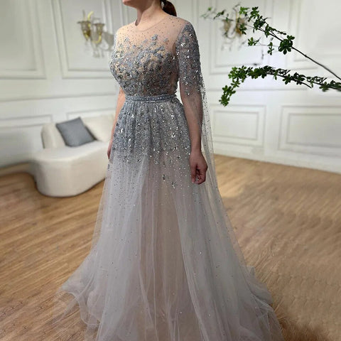 Blue Arabic Cape Sleeves Beaded Luxury Dubai Evening Dresses Gowns Formal Gowns 2025 For Women Wedding Party LA70454