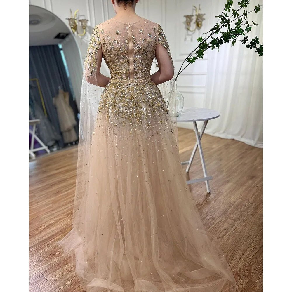 Blue Arabic Cape Sleeves Beaded Luxury Dubai Evening Dresses Gowns Formal Gowns 2025 For Women Wedding Party LA70454