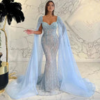 Blue Arabic Luxury Beaded Mermaid Evening Dress Gown with Cape Sleeves LA71715