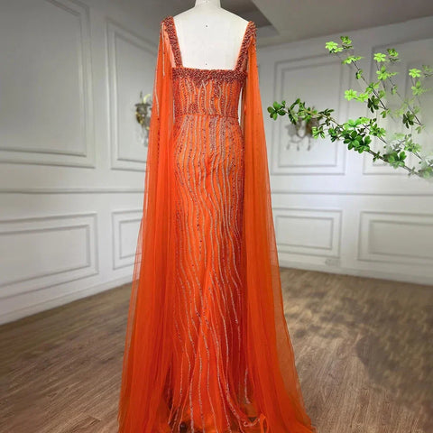 Vestido de noche de sirena azul árabe de lujo con cuentas y mangas tipo capa LA71715 