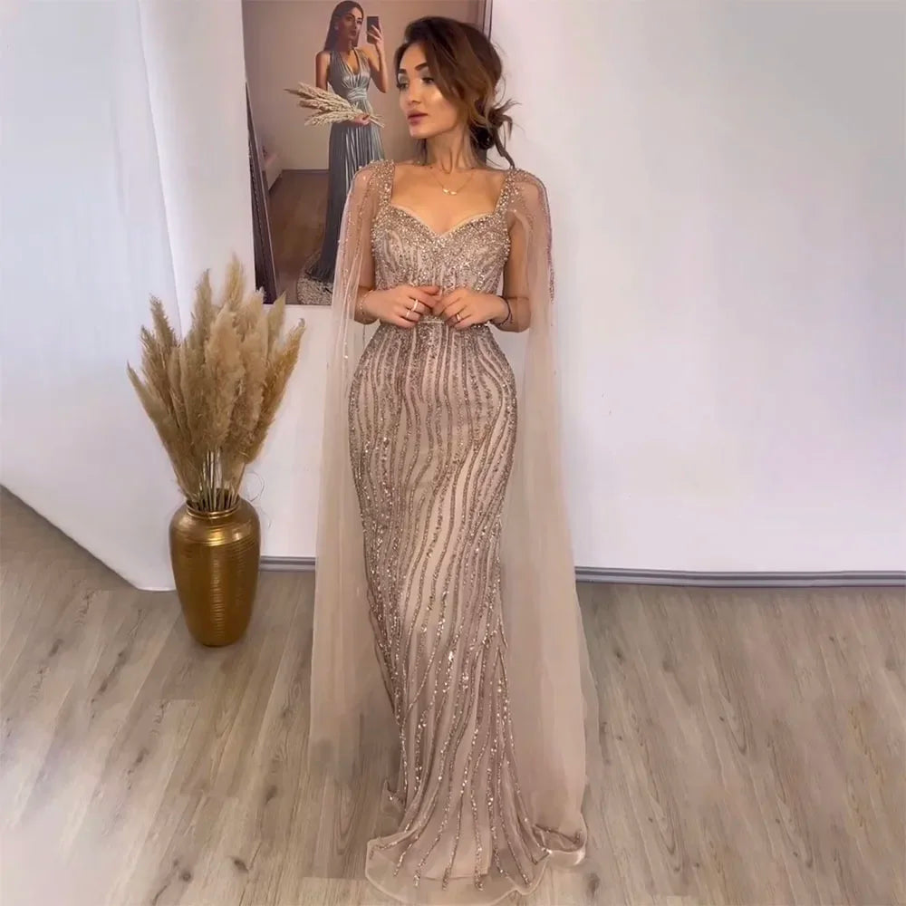 Blue Arabic Luxury Beaded Mermaid Evening Dress Gown with Cape Sleeves LA71715