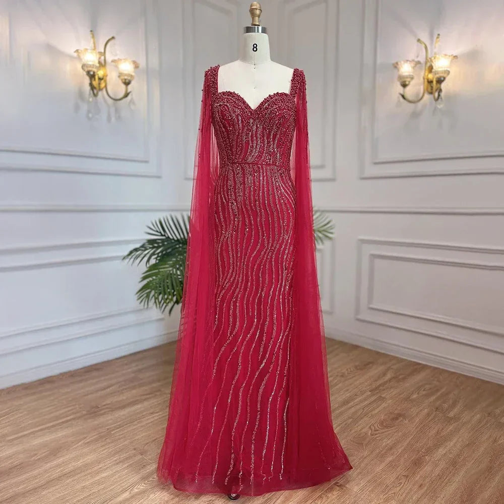 Blue Arabic Luxury Beaded Mermaid Evening Dress Gown with Cape Sleeves LA71715