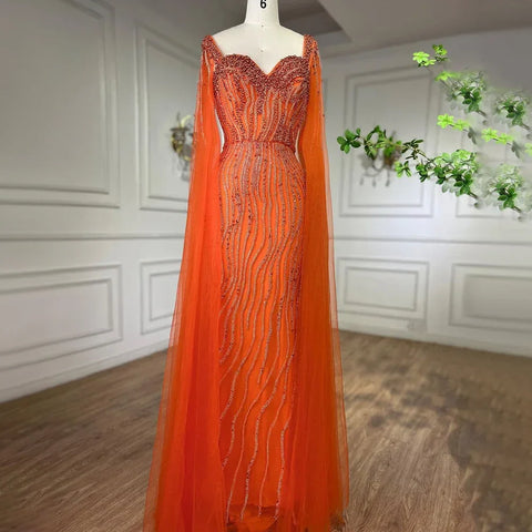 Vestido de noche de sirena azul árabe de lujo con cuentas y mangas tipo capa LA71715 