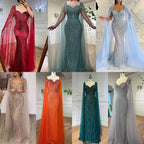 Blue Arabic Luxury Beaded Mermaid Evening Dress Gown with Cape Sleeves LA71715