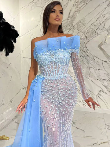 Blue Arabic Mermaid Elegant Sexy One-Shoulder Evening Dresses Gowns 2025 Luxury Pearls Beaded Party LA71718