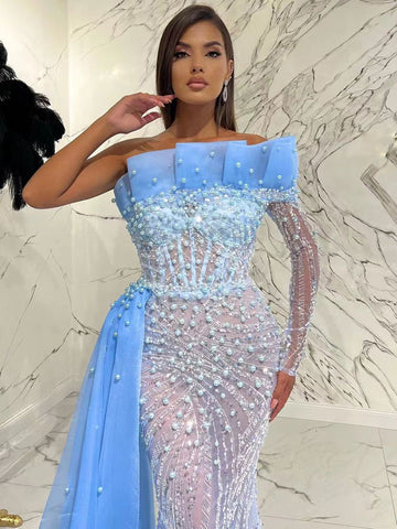 Blue Arabic Mermaid Elegant Sexy One-Shoulder Evening Dresses Gowns 2025 Luxury Pearls Beaded Party LA71718