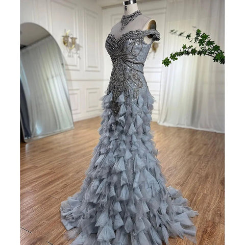 Blue Arabic Mermaid Luxury Evening Dresses Gowns Pearls Beaded Elegant For Woman Wedding Party 2025 LA72164
