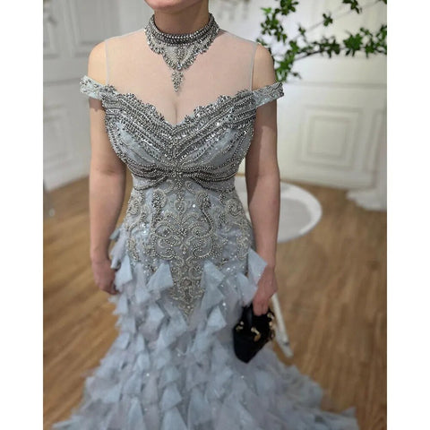 Blue Arabic Mermaid Luxury Evening Dresses Gowns Pearls Beaded Elegant For Woman Wedding Party 2025 LA72164