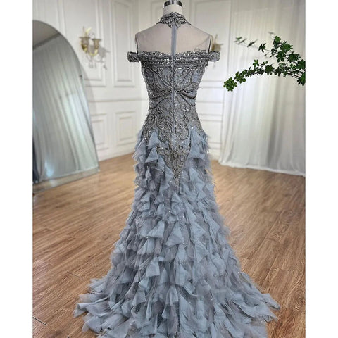 Blue Arabic Mermaid Luxury Evening Dresses Gowns Pearls Beaded Elegant For Woman Wedding Party 2025 LA72164