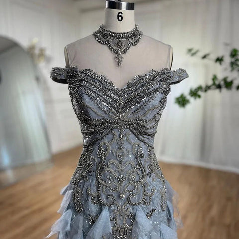Blue Arabic Mermaid Luxury Evening Dresses Gowns Pearls Beaded Elegant For Woman Wedding Party 2025 LA72164