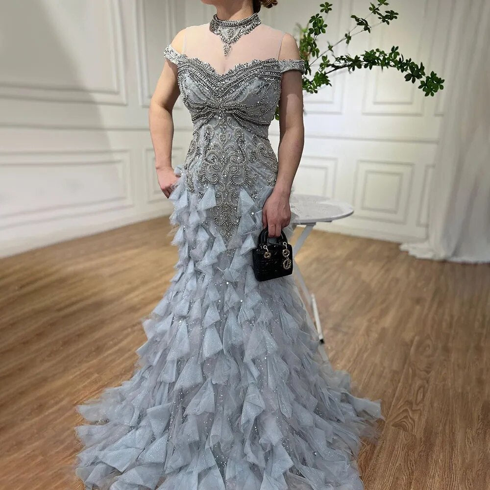 Blue Arabic Mermaid Luxury Evening Dresses Gowns Pearls Beaded Elegant For Woman Wedding Party 2025 LA72164