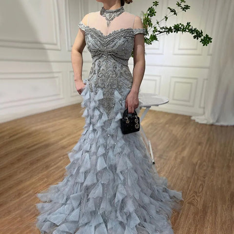 Blue Arabic Mermaid Luxury Evening Dresses Gowns Pearls Beaded Elegant For Woman Wedding Party 2025 LA72164