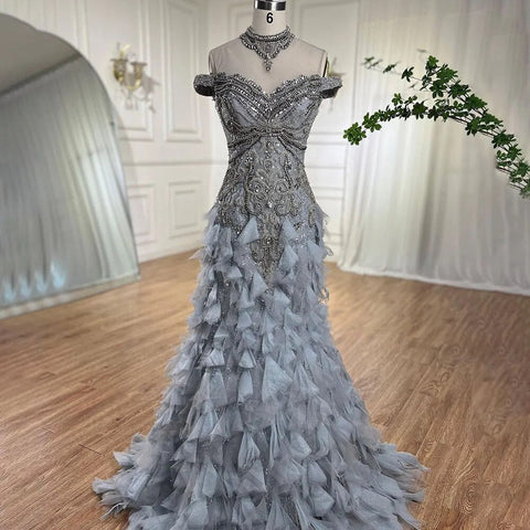 Blue Arabic Mermaid Luxury Evening Dresses Gowns Pearls Beaded Elegant For Woman Wedding Party 2025 LA72164