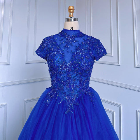 Blue Ball Gown Short Sleeves Tulle Luxury Beaded Evening Dresses Gowns2025 For Women Party LA70477