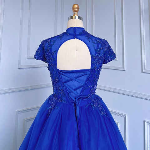 Blue Ball Gown Short Sleeves Tulle Luxury Beaded Evening Dresses Gowns2025 For Women Party LA70477