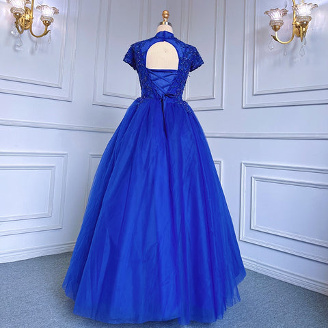 Blue Ball Gown Short Sleeves Tulle Luxury Beaded Evening Dresses Gowns2025 For Women Party LA70477
