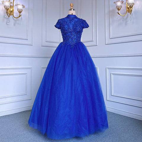 Blue Ball Gown Short Sleeves Tulle Luxury Beaded Evening Dresses Gowns2025 For Women Party LA70477