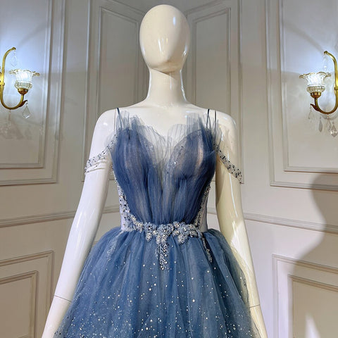 Blue Beaded Bling Evening Dresses Gowns Spaghetti Strap Sexy 2025 For Women Party LA71292