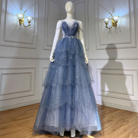 Blue Beaded Bling Evening Dresses Gowns Spaghetti Strap Sexy 2025 For Women Party LA71292