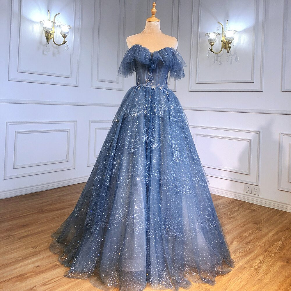Blue Beaded Bling Evening Dresses Gowns Spaghetti Strap Sexy 2025 For Women Party LA71292