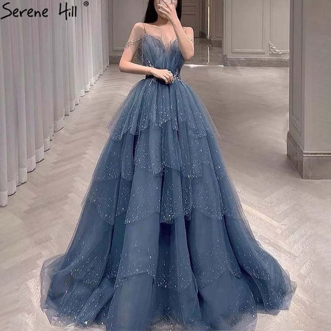 Blue Beaded Bling Evening Dresses Gowns Spaghetti Strap Sexy 2025 For Women Party LA71292