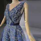 Blue Beaded Bling Evening Dresses Gowns 2025 V-Neck Sexy Luxury A-Line For Women Party LA71508