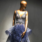 Blue Beaded Feather Evening Dresses Gowns 2025 Mermaid Luxury Elegant Overskirt For Women Wedding Party LA71586
