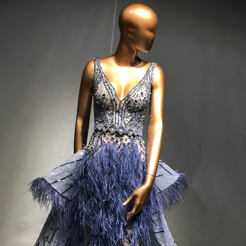 Blue Beaded Feather Evening Dresses Gowns 2025 Mermaid Luxury Elegant Overskirt For Women Wedding Party LA71586