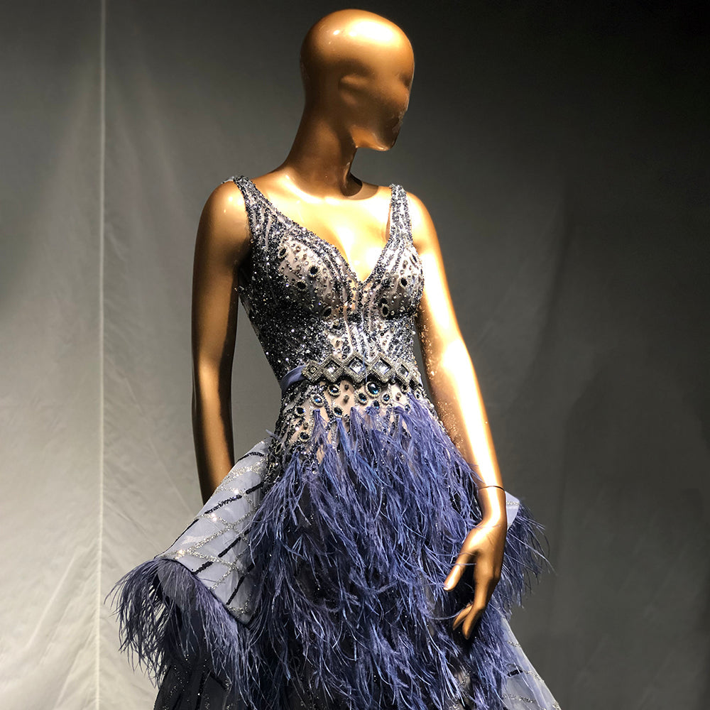 Blue Beaded Feather Evening Dresses Gowns 2025 Mermaid Luxury Elegant Overskirt For Women Wedding Party LA71586