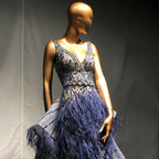 Blue Beaded Feather Evening Dresses Gowns 2025 Mermaid Luxury Elegant Overskirt For Women Wedding Party LA71586