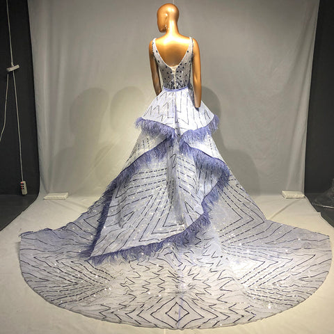 Blue Beaded Feather Evening Dresses Gowns 2025 Mermaid Luxury Elegant Overskirt For Women Wedding Party LA71586