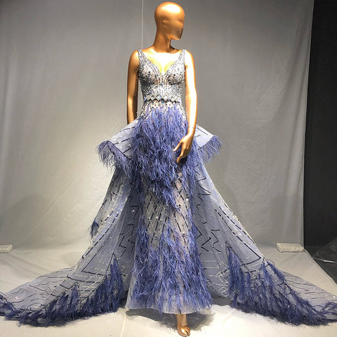 Blue Beaded Feather Evening Dresses Gowns 2025 Mermaid Luxury Elegant Overskirt For Women Wedding Party LA71586