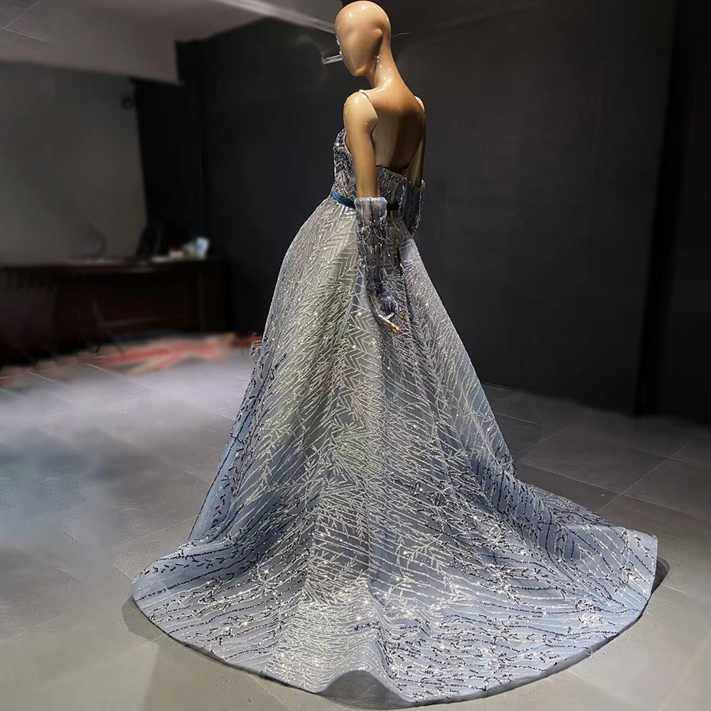 Blue Beaded Luxury Evening Dresses Gowns 2025 Detachable Sleeves A-Line For Women Party LA71506