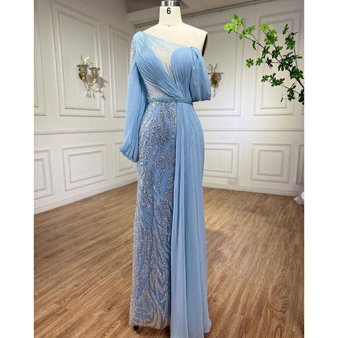 Blue Beaded Mermaid Evening Dresses Elegant Long Arabic  Formal Gowns for Women Wedding Party 2025 LA72103