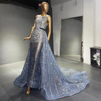 Blue Beaded Sleeveless Evening Dresses Gowns 2025 Luxury A-Line Overskirt For Women Wedding Party LA71588