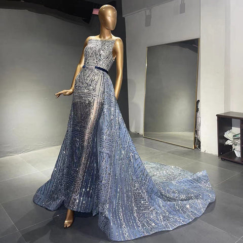 Blue Beaded Sleeveless Evening Dresses Gowns 2025 Luxury A-Line Overskirt For Women Wedding Party LA71588