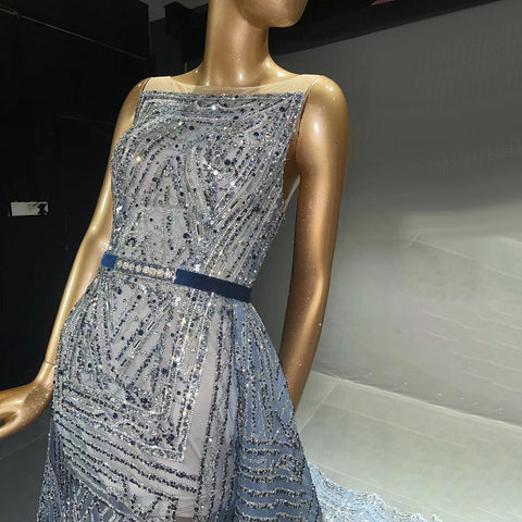 Blue Beaded Sleeveless Evening Dresses Gowns 2025 Luxury A-Line Overskirt For Women Wedding Party LA71588