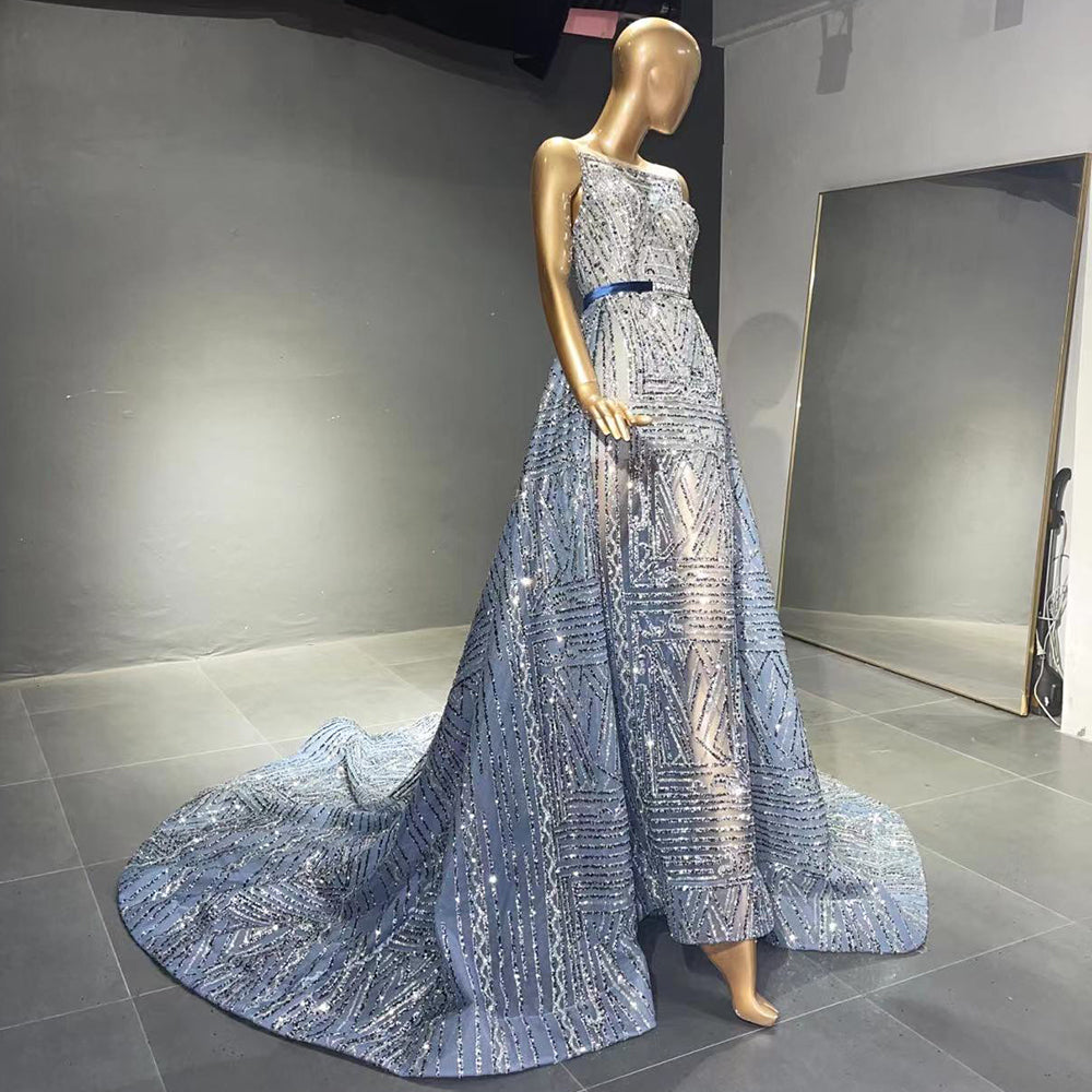 Blue Beaded Sleeveless Evening Dresses Gowns 2025 Luxury A-Line Overskirt For Women Wedding Party LA71588
