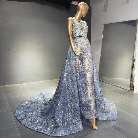 Blue Beaded Sleeveless Evening Dresses Gowns 2025 Luxury A-Line Overskirt For Women Wedding Party LA71588