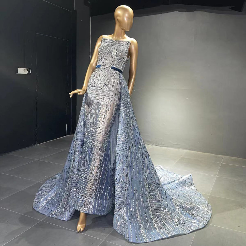 Blue Beaded Sleeveless Evening Dresses Gowns 2025 Luxury A-Line Overskirt For Women Wedding Party LA71588