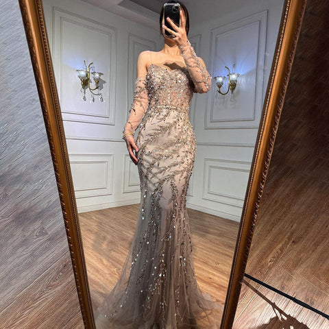 Blue Boat Neck Long Sleeves Mermaid Evening Dresses 2025 Formal Gowns For Women Wedding Party LA71653C