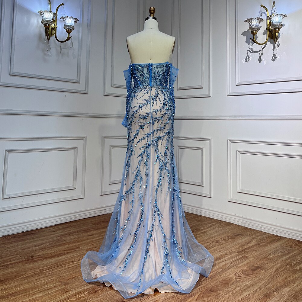 Blue Boat Neck Long Sleeves Mermaid Evening Dresses 2025 Formal Gowns For Women Wedding Party LA71653C