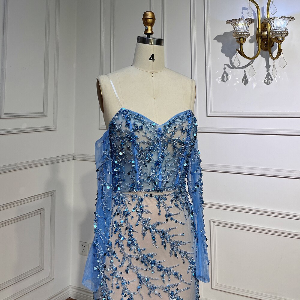 Blue Boat Neck Long Sleeves Mermaid Evening Dresses 2025 Formal Gowns For Women Wedding Party LA71653C