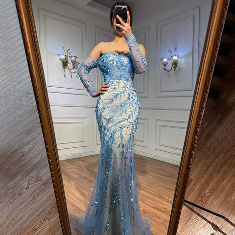 Blue Boat Neck Long Sleeves Mermaid Evening Dresses 2025 Formal Gowns For Women Wedding Party LA71653C