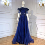 Blue Boat Neck Luxury Evening Dresses Gowns 2025 Short Sleeves Beaded Feather A-Line For Women Party  LA71524