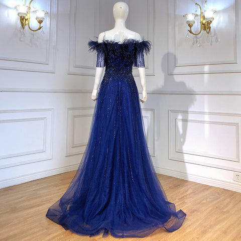 Blue Boat Neck Luxury Evening Dresses Gowns 2025 Short Sleeves Beaded Feather A-Line For Women Party  LA71524